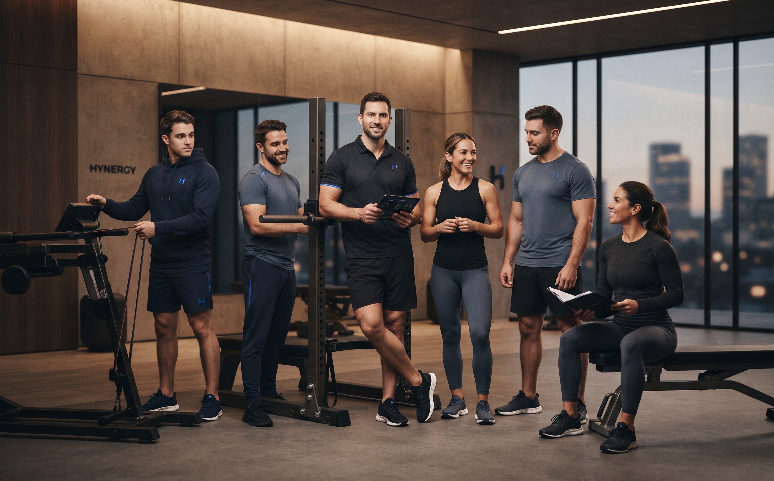 Group portrait of the Hynergy fitness coaching team posing together with workout equipment in a modern gym setting.