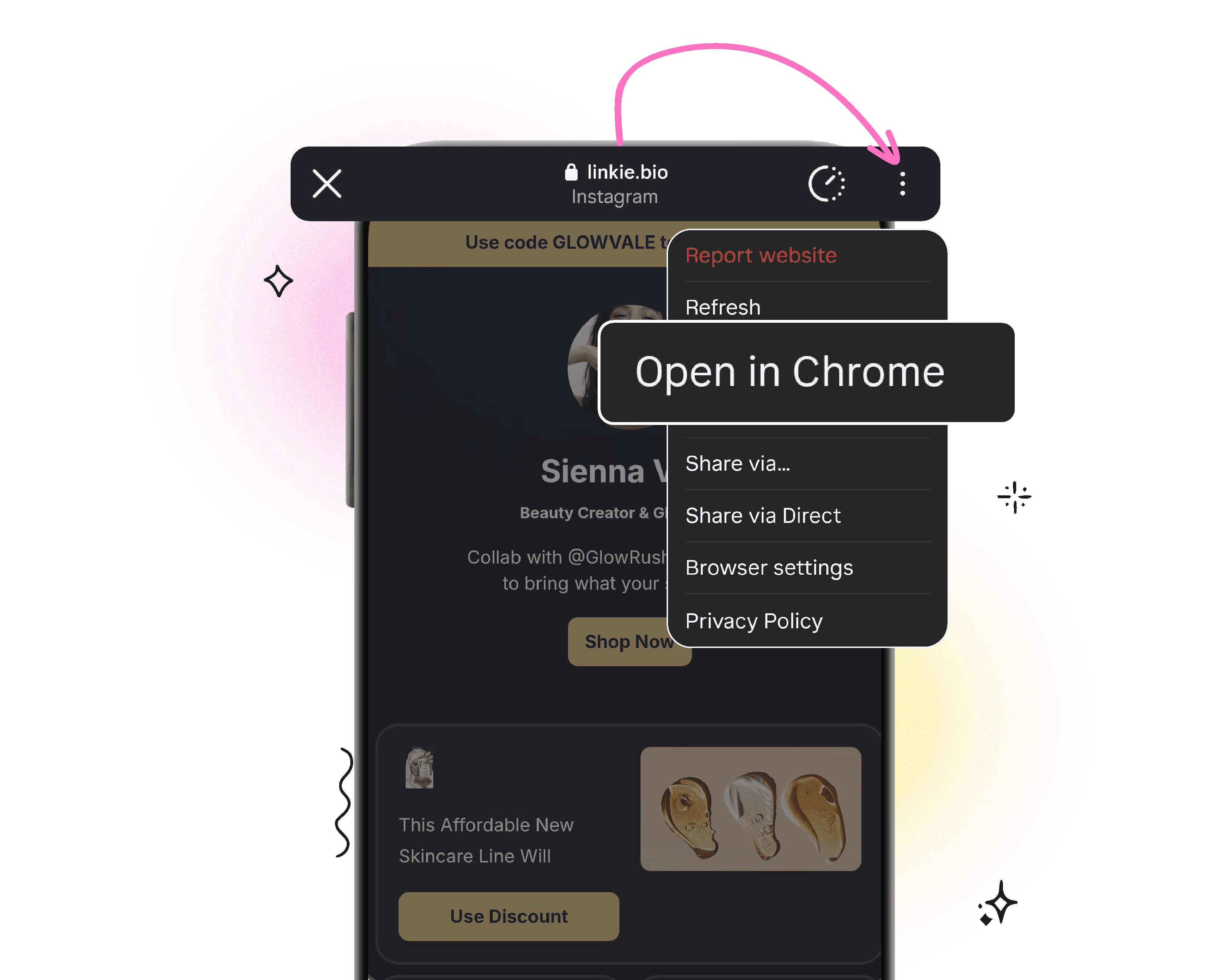 Instagram's in-app browser with the three-dot menu open, showing the Open in Safari option.