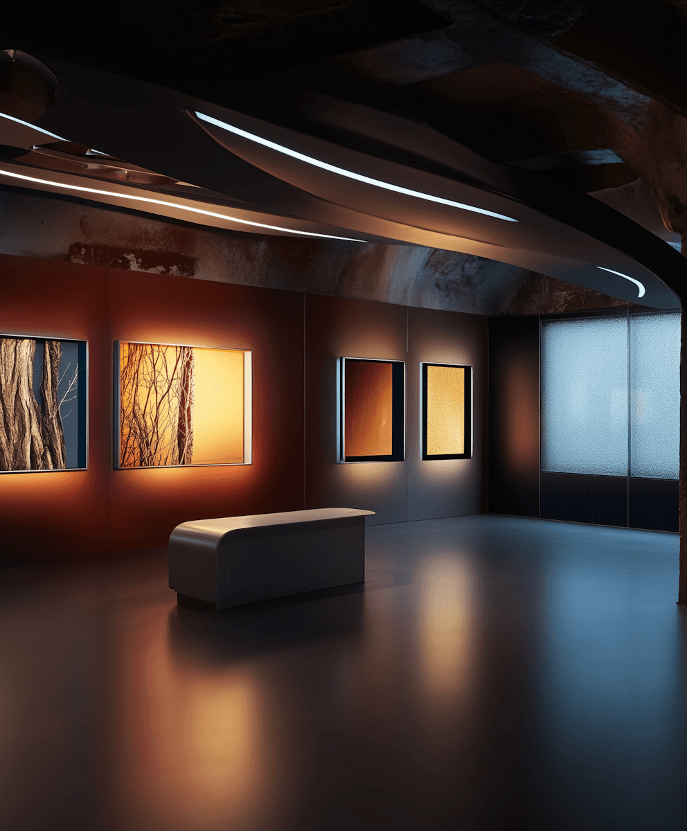     Gallery interior showcasing contemporary artworks within warm architectural spaces.