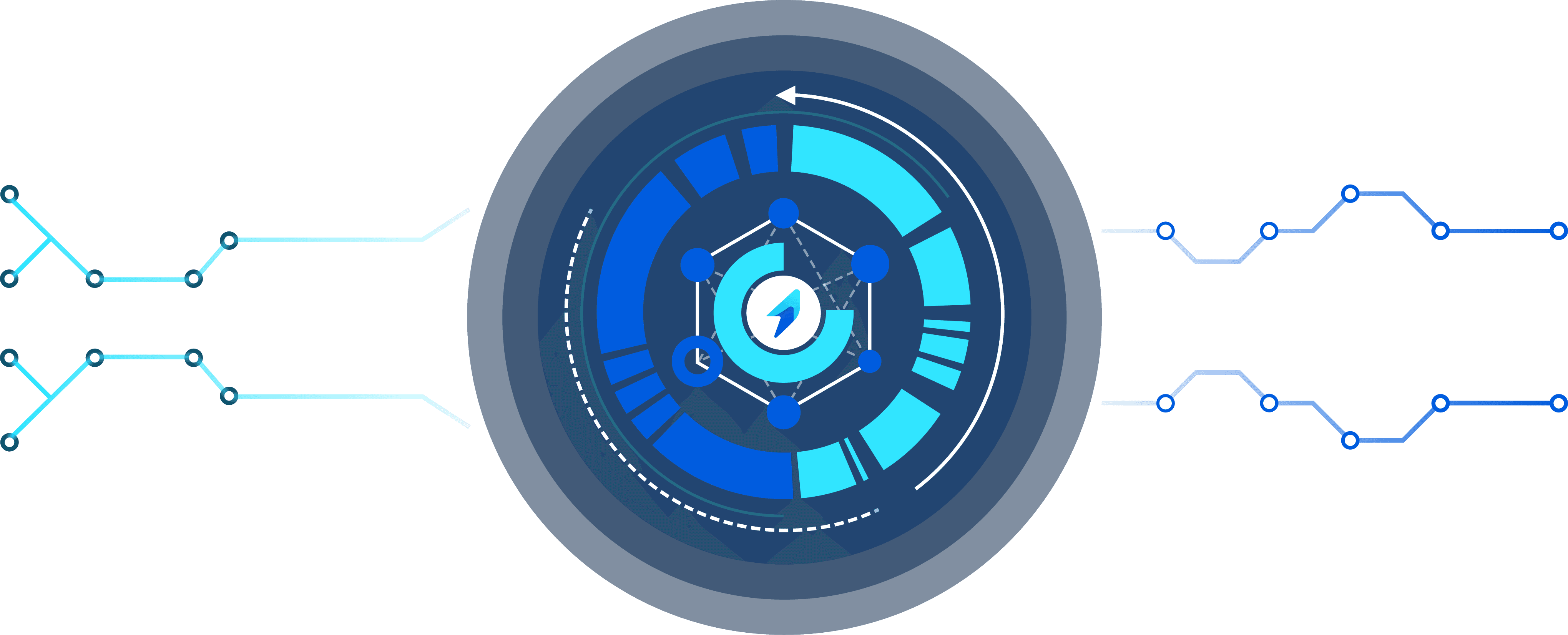 Abstract graphic featuring a circular design with blue accents and lines emanating from the center.