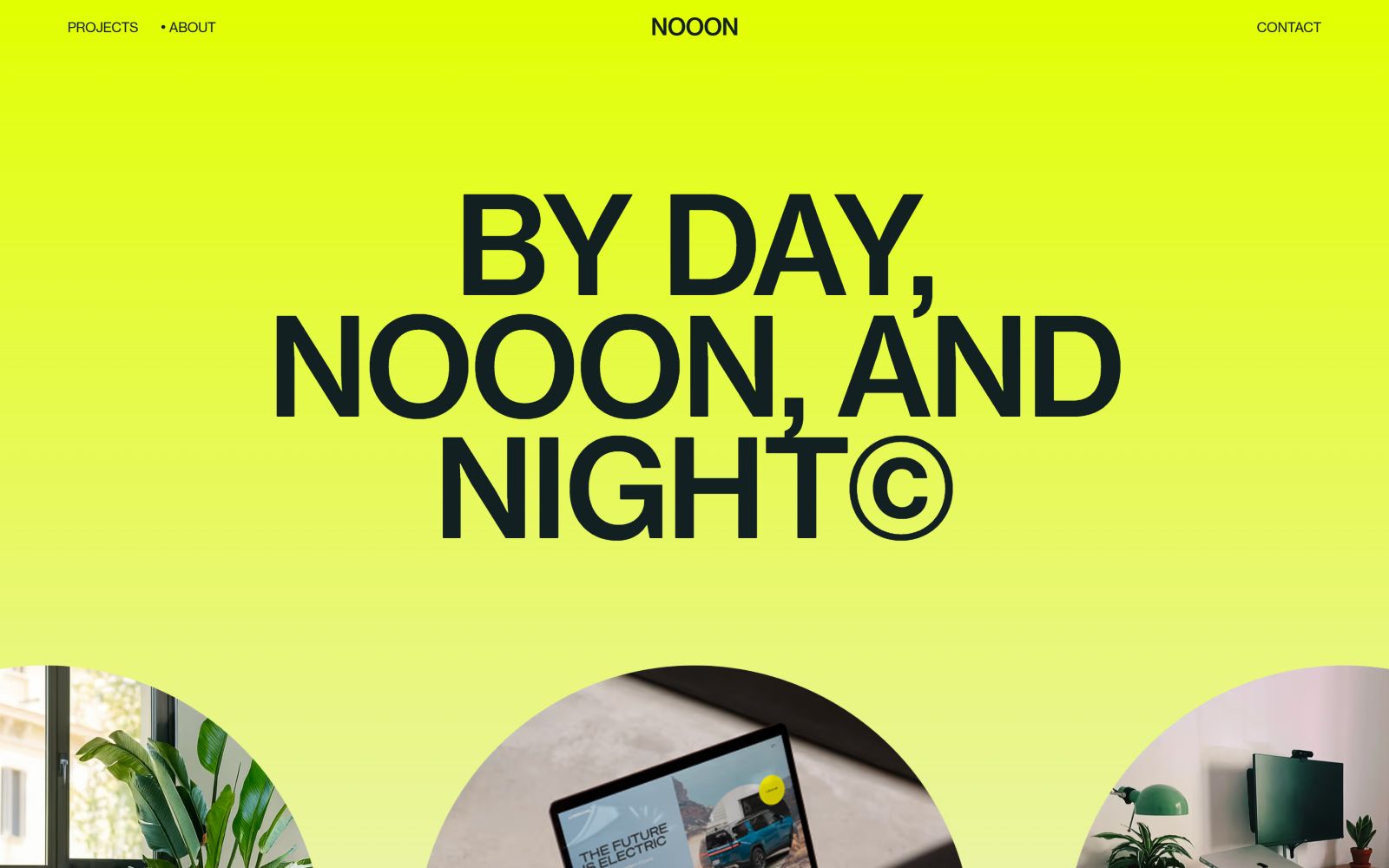 Bright yellow gradient background with bold black text: "BY DAY, NOOON, AND NIGHT©". Simplified navigation links on top.