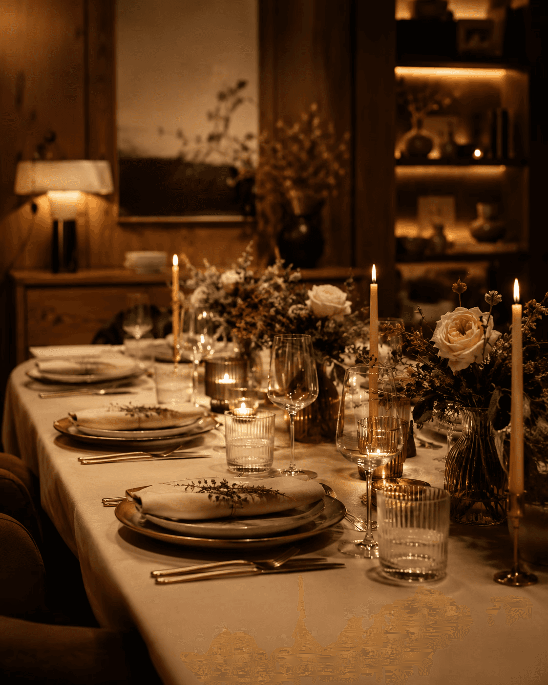 Candlelit wedding table with white flowers and elegant glassware