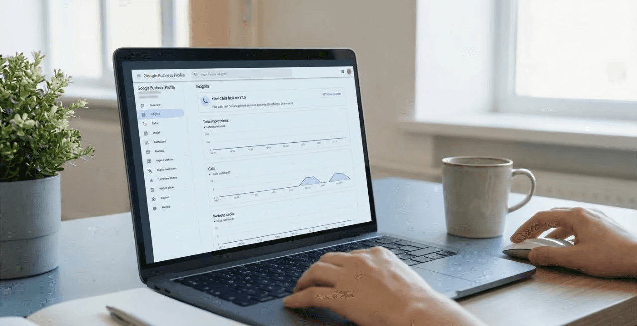 Google Business Profile insights showing low impressions and few calls for CADD Nest before local SEO optimization.