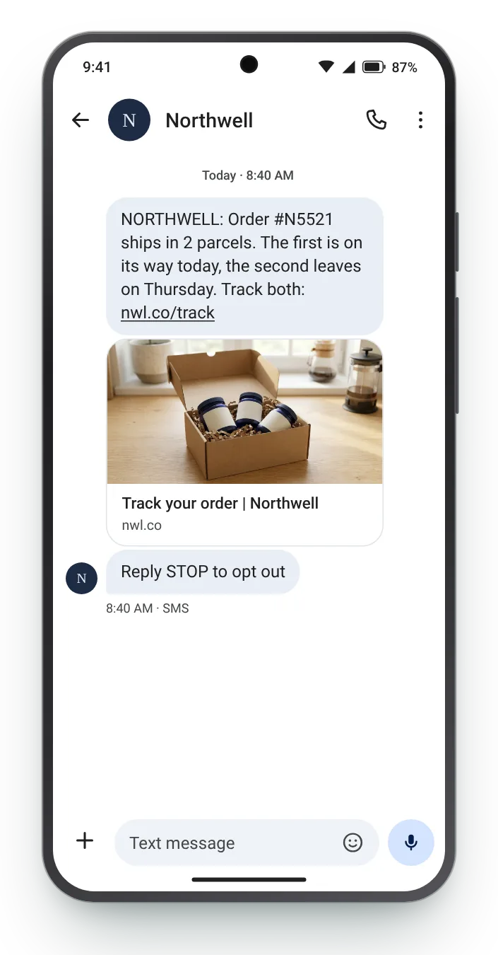 Order shipped in two parcels transactional SMS on an Android phone