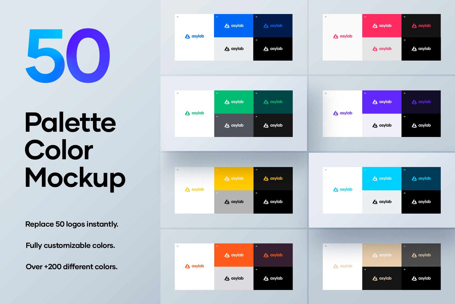 50 Palette Color Mockup showcasing various logo color variations in a grid layout.