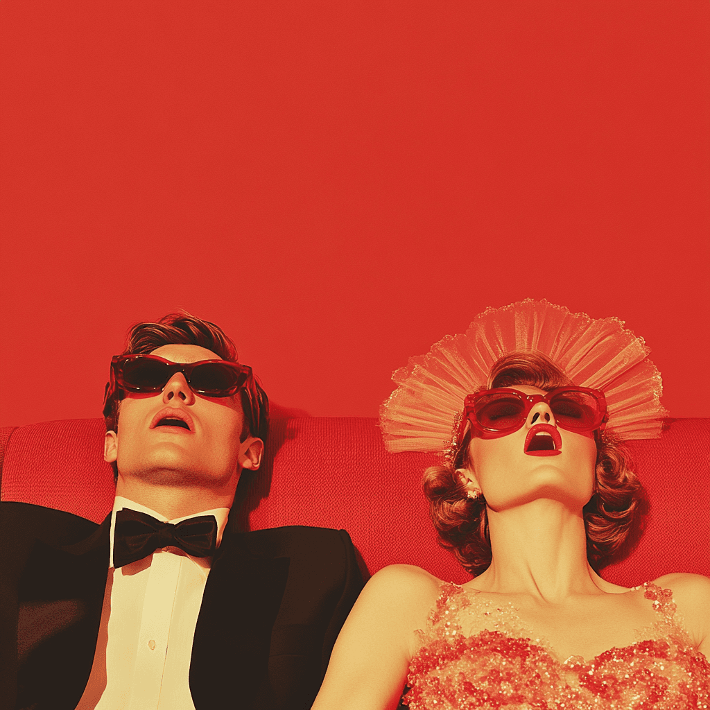  A stylish couple in formal attire, both wearing bold red sunglasses, reclining on a red couch against a vibrant red background, exuding a modern and dramatic vibe.