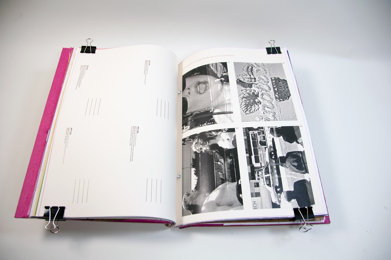 an opened book with a few paragraphs of text on the left and four black and white images on the right