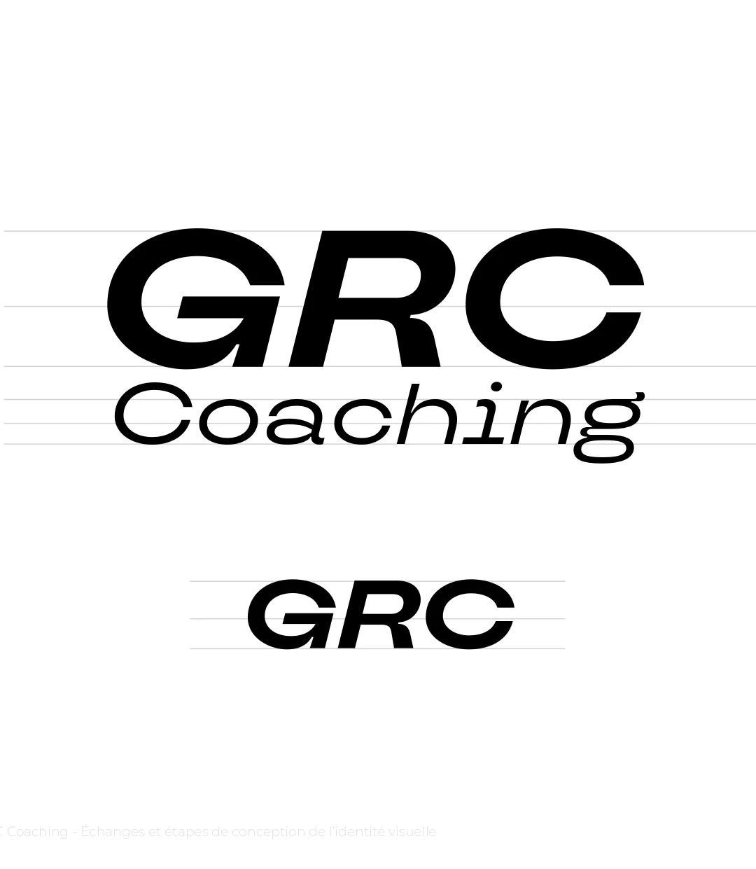Construction typographique et déclinaisons du logo GRC Coaching — version complète et version monogramme, charte graphique réalisée par Tartelette Concept