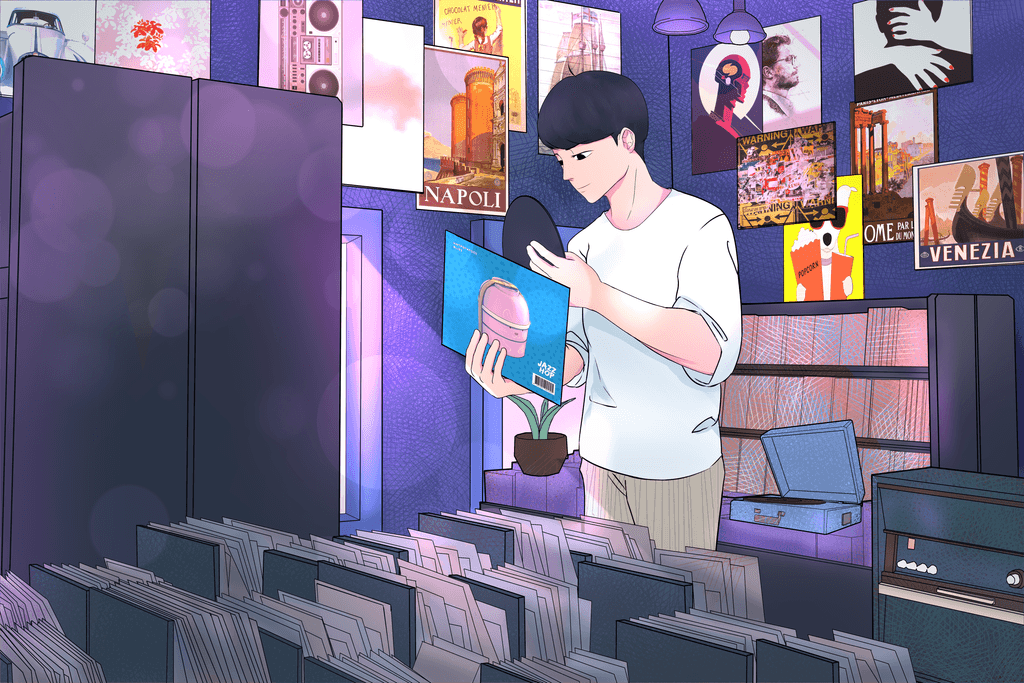 hotpotatoes in a vinyl store, looking for lofi and jazzy albums.