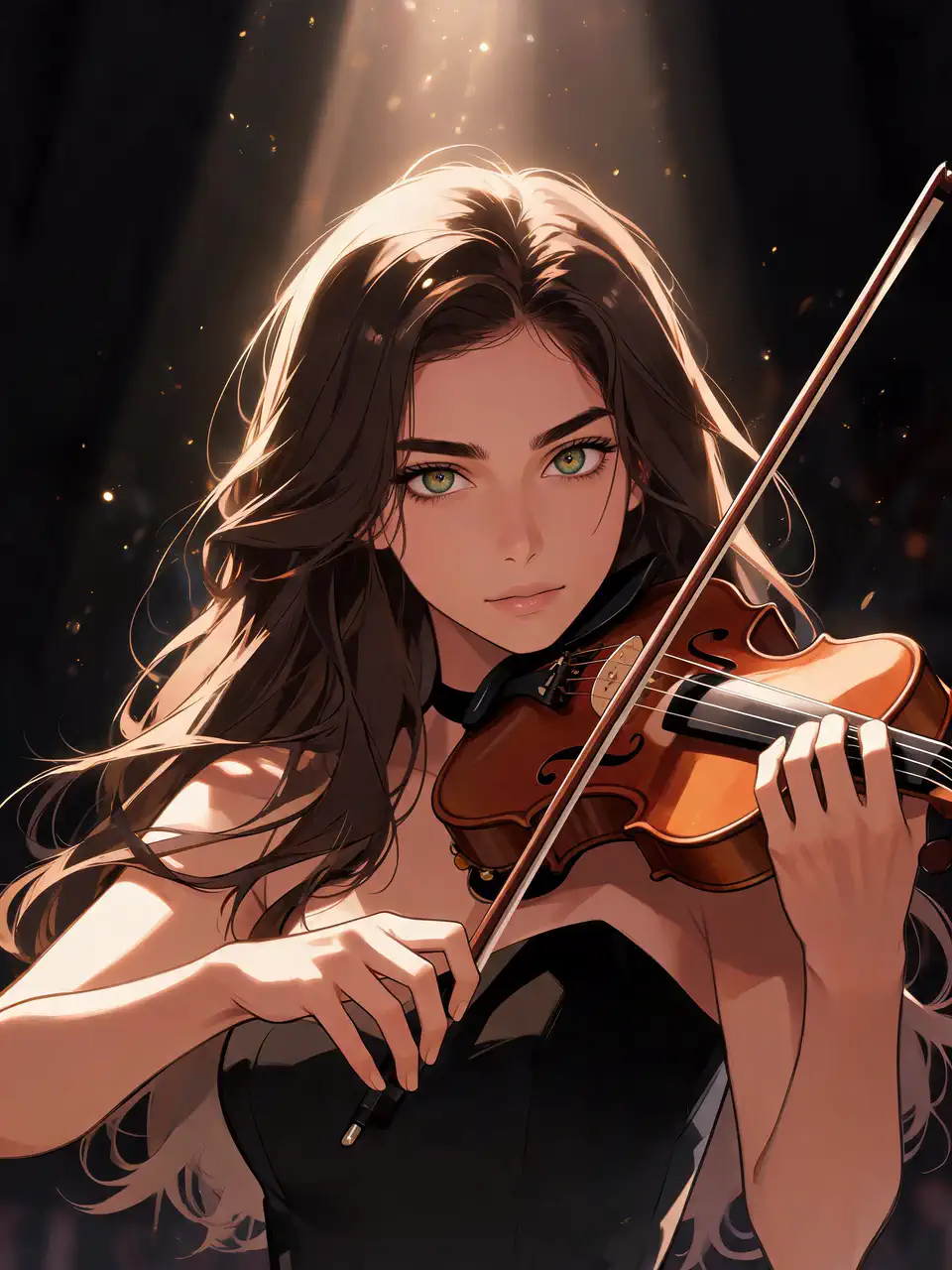 Violoniste d'anime jouant dans un décor de fantasy dramatique