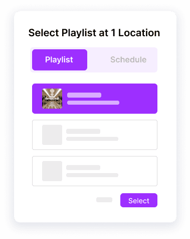 User interface displaying a location selection for playlists, featuring purple accents and interactive elements.