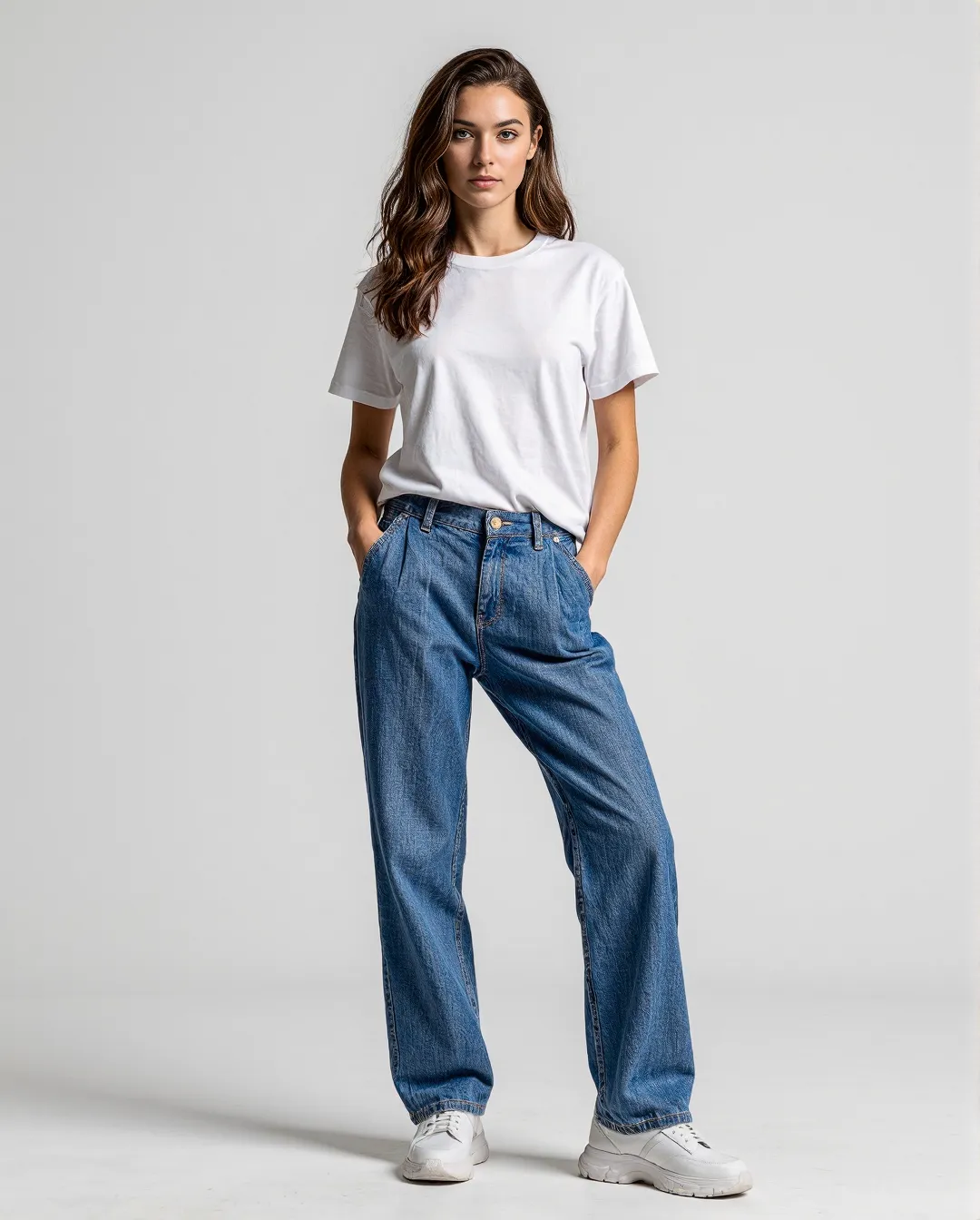 Professional fashion photography featuring classic white t-shirt and relaxed blue jeans against minimalist background