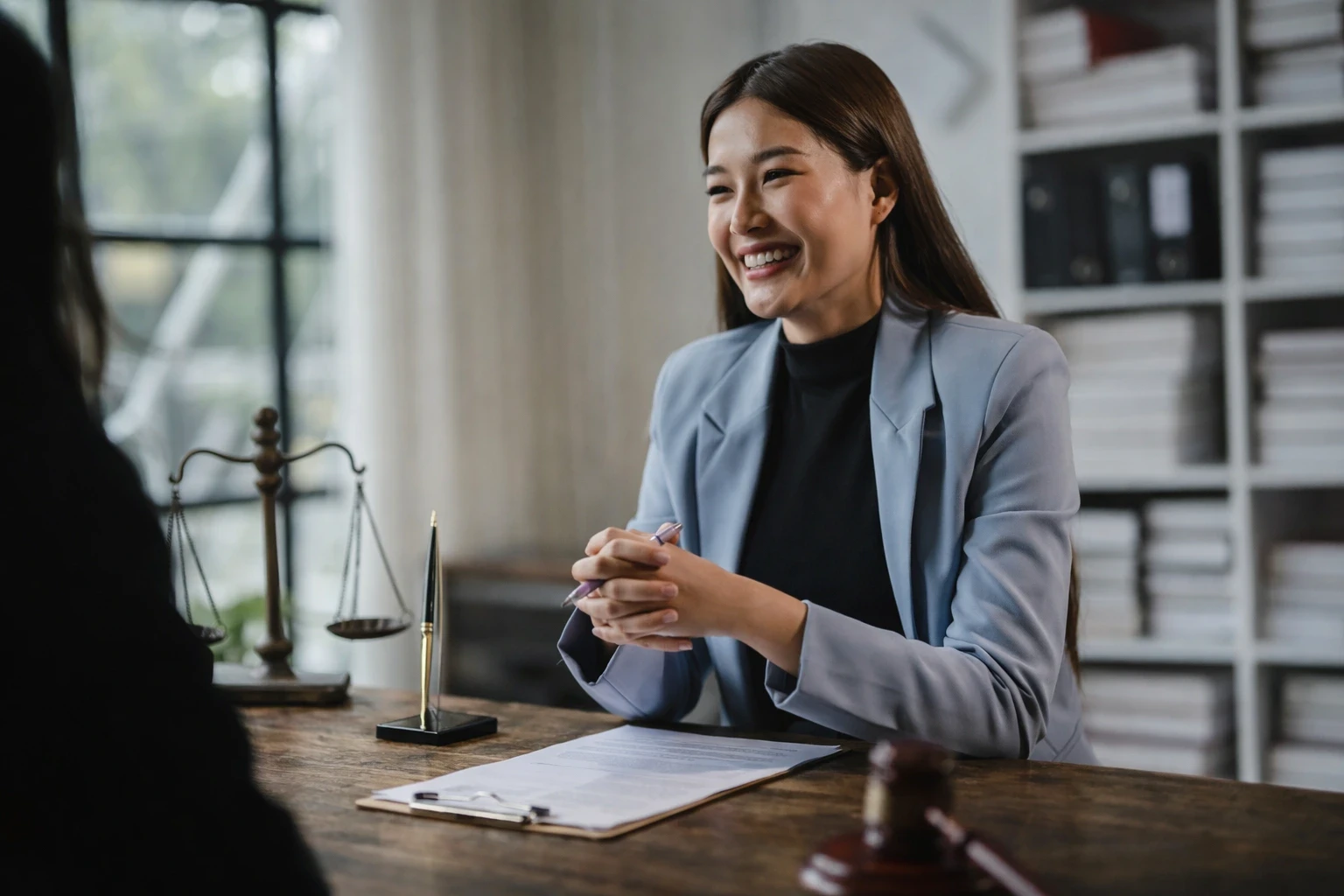 Professional woman laughing at desk with legal scale and gavel