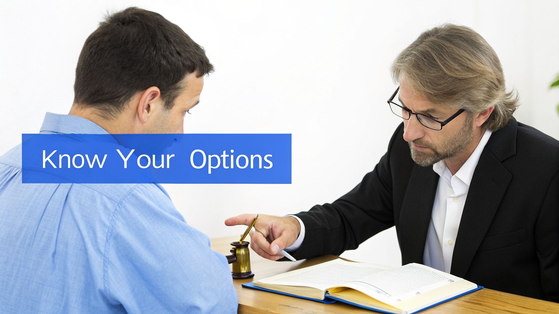 A legal professional explains options to a client, pointing at a book with a gavel nearby.