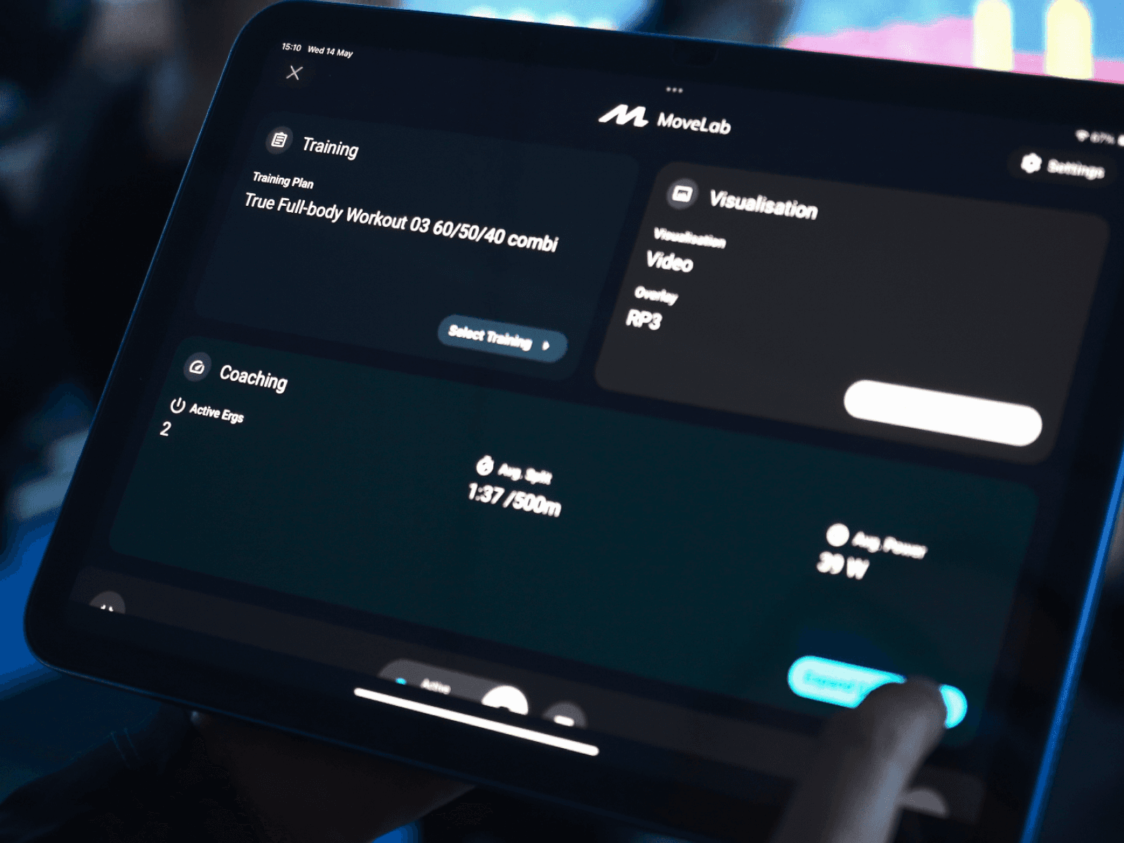 Coach tablet for rowing studio class that shows how the coach can maintain full control of the session via the dedicated tablet.