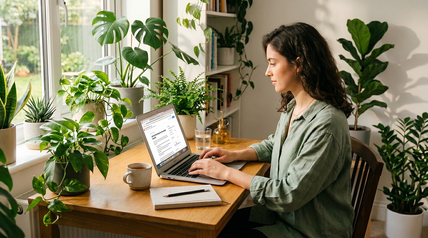 Newsletter creator writing at a plant-filled desk with natural light streaming through a window
