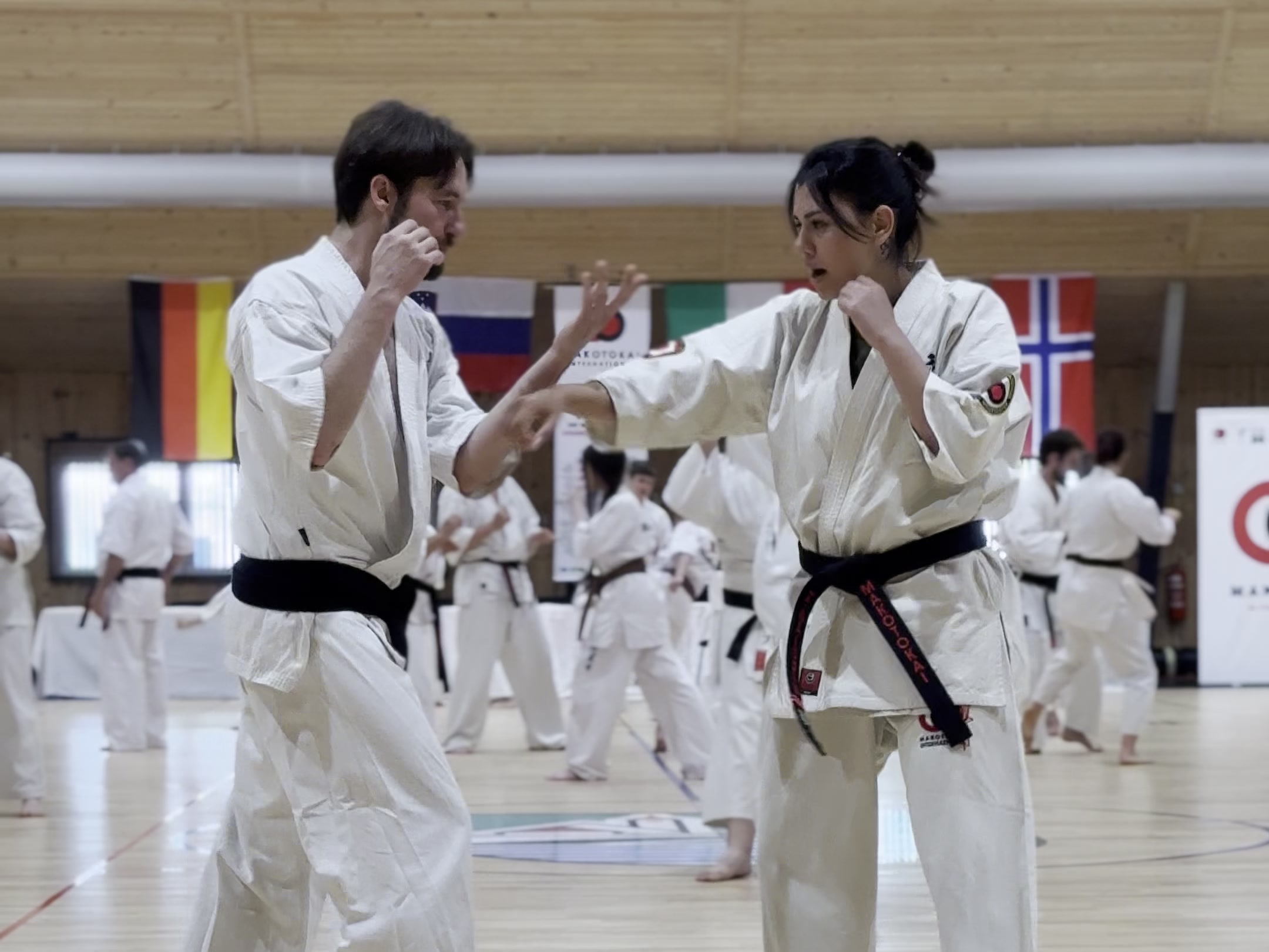 Adult martial artists practising a partner response drill during a Makotokai Karate seminar.