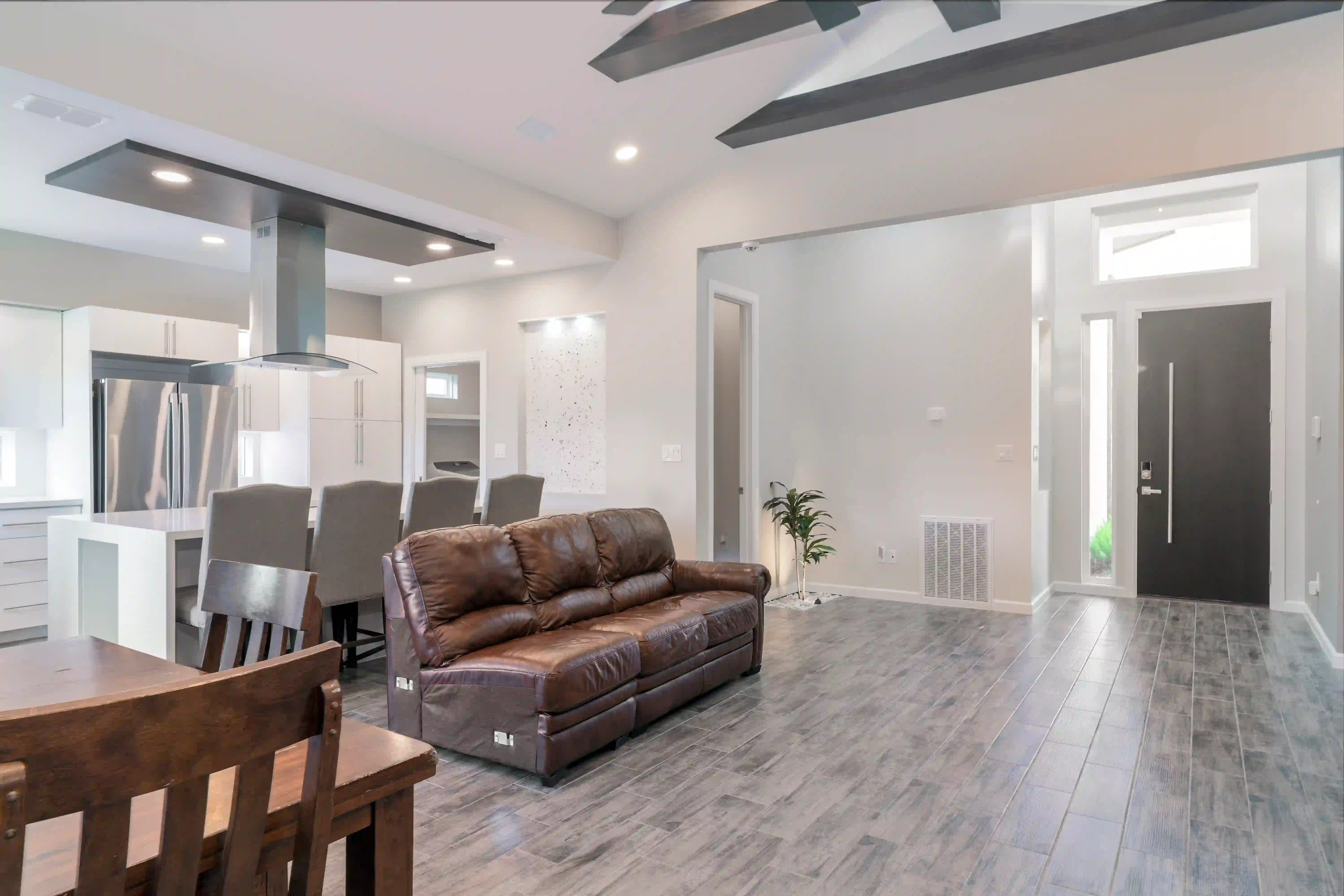 A picture of a house during twilight.