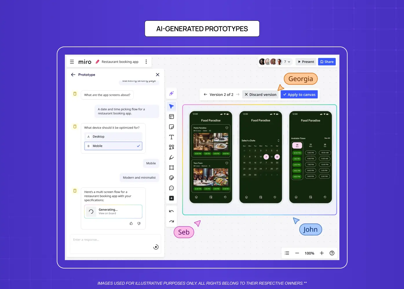 AI-powered design tool generating mobile app screens from text prompts within a collaborative design workspace.