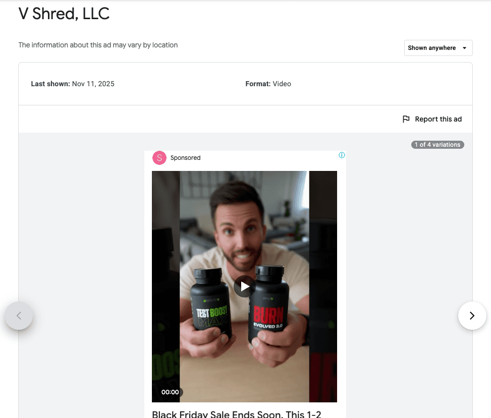 YouTube ad in the Google Ads Transparency Center