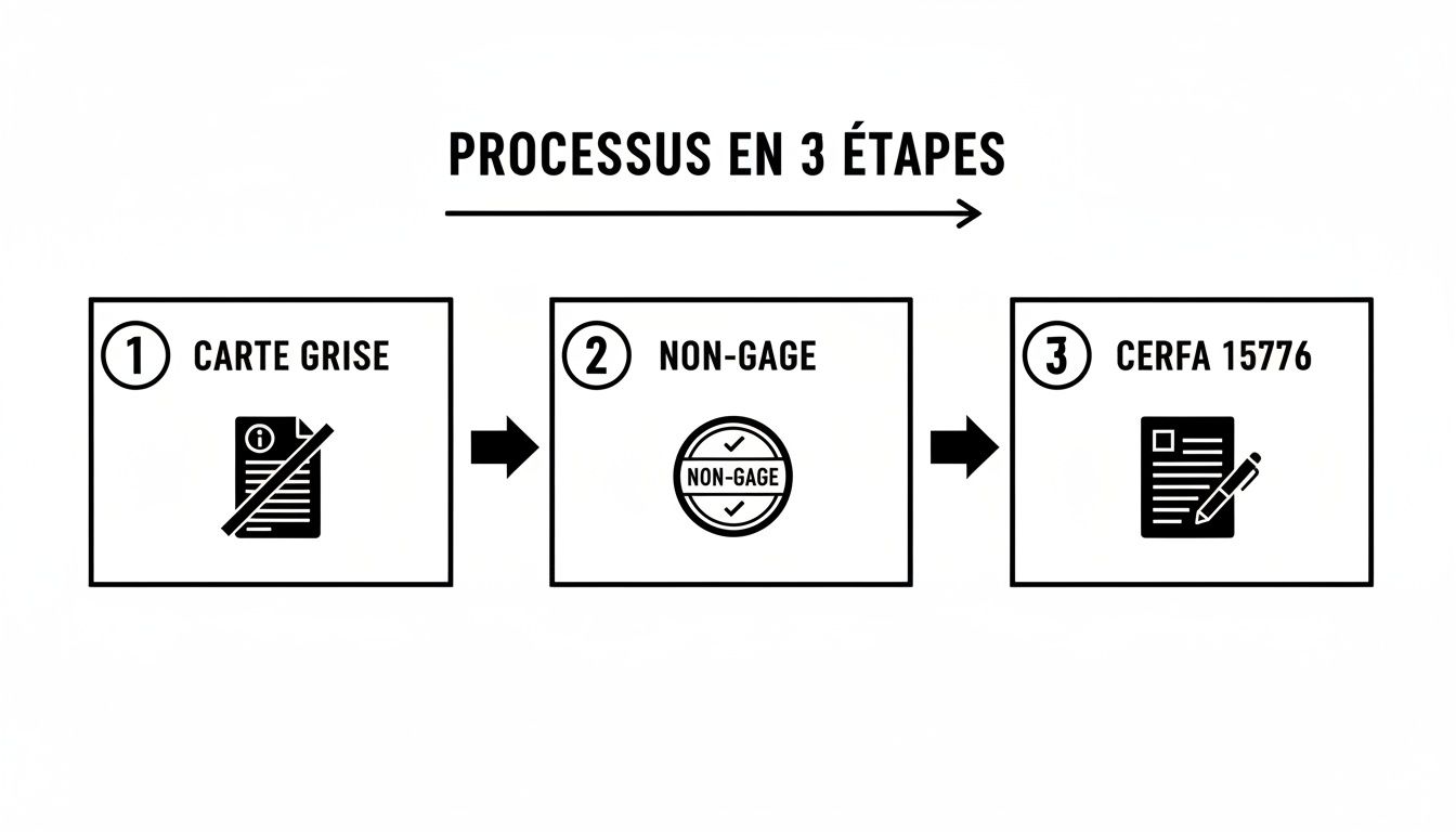Processus en 3 étapes pour la cession de véhicule: carte grise barrée, certificat de non-gage, et formulaire CERFA 15776.