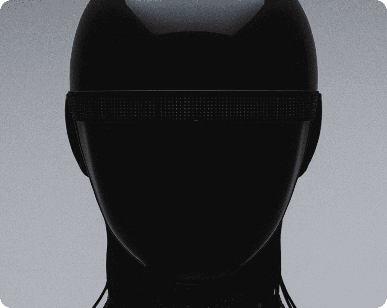 A black robot head featuring a sleek black helmet, showcasing a futuristic design.