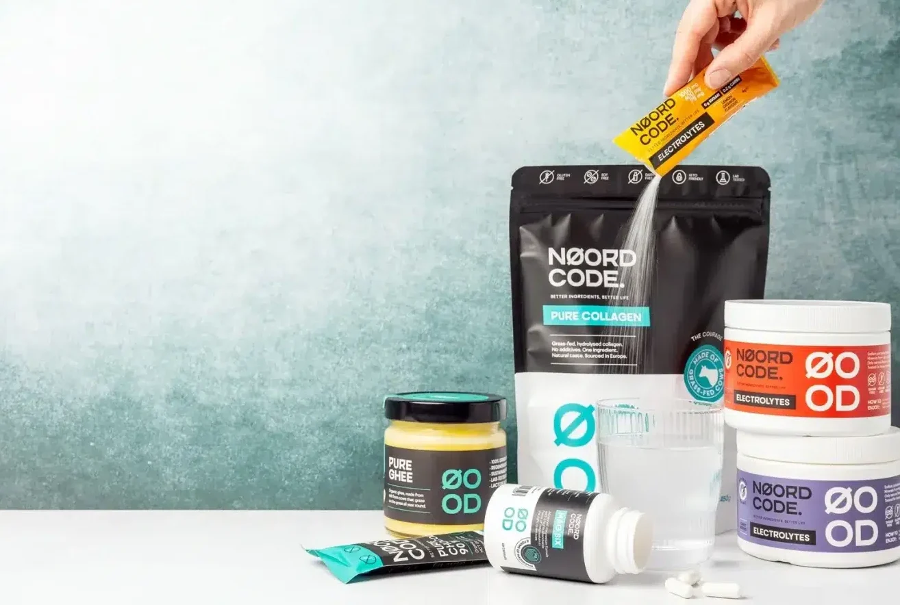 NØORDCODE. collagen, ghee and electrolyte supplements with a sachet poured into water, health and wellness