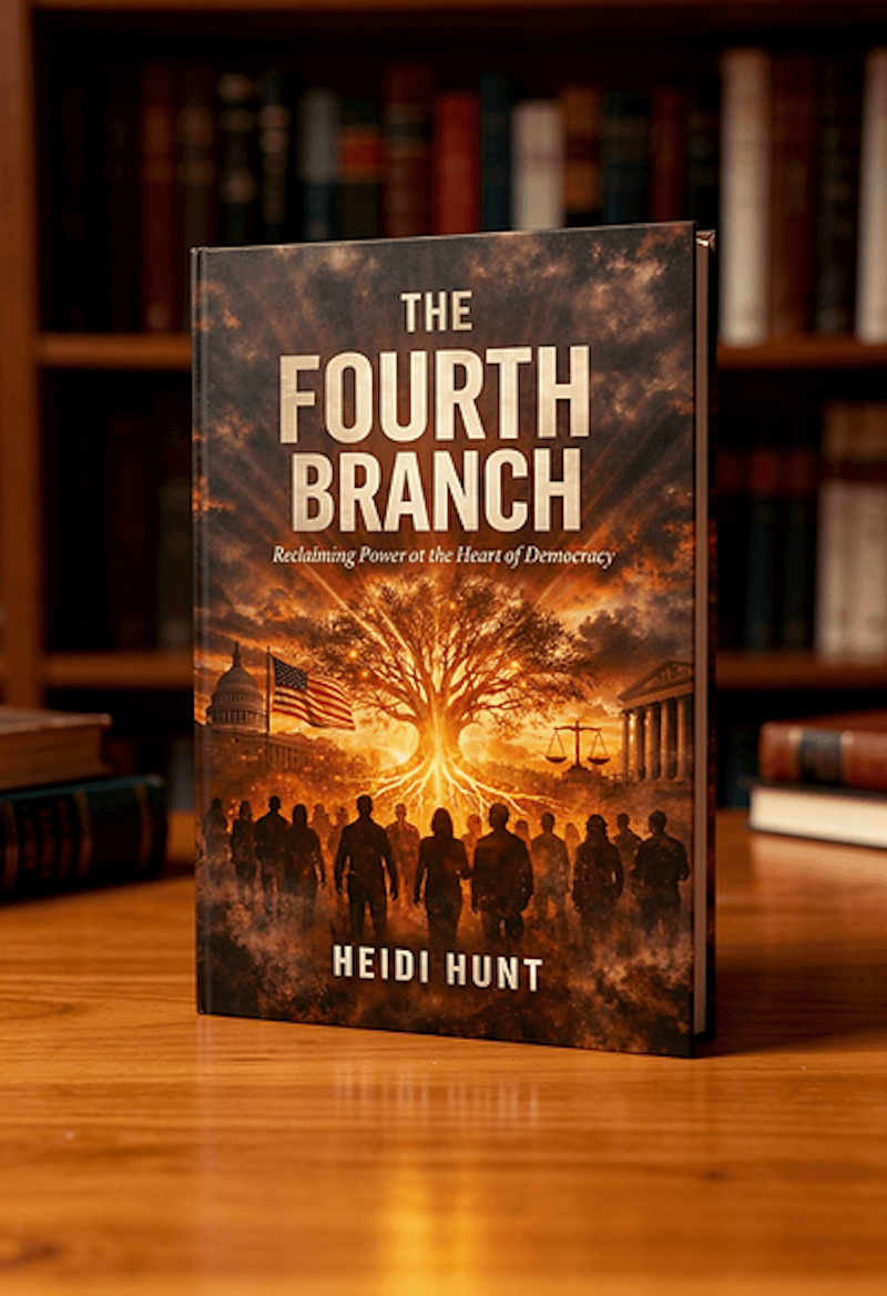 Book cover of "The Fourth Branch" displayed upright on a wooden table with bookshelves in the background.