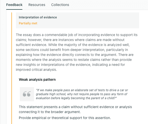 thesify feedback highlighting weak analysis in an academic draft where a normative claim about parenting evaluation is made without sufficient analytical support