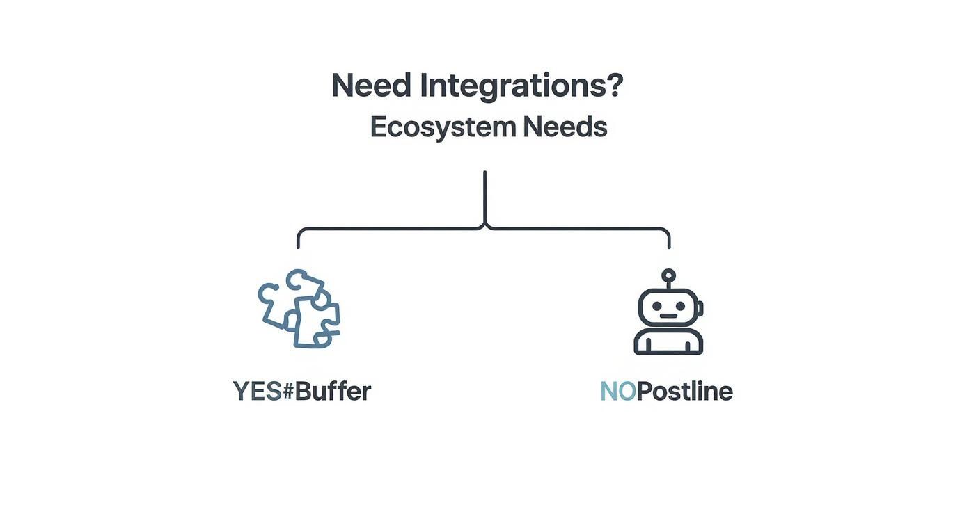 Diagram illustrating integration needs for 'YES#Buffer' (puzzle icon) and 'NOPostline' (robot icon).