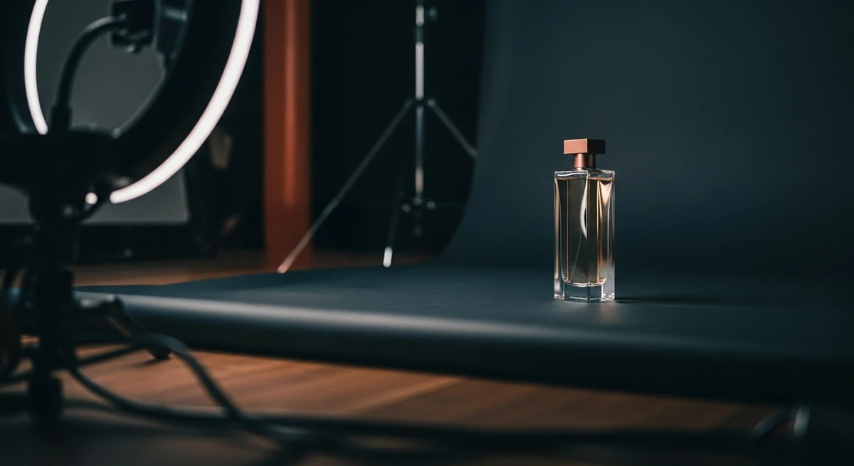 Luxury glass perfume bottle with rose gold cap on dark studio backdrop, illuminated by ring light during professional product photography shoot