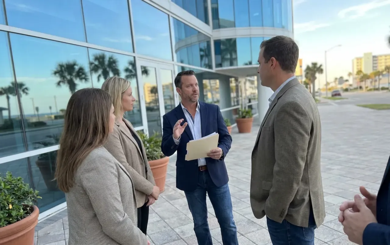 Group discusses Digital Marketing outside RockN' Socials agency building.