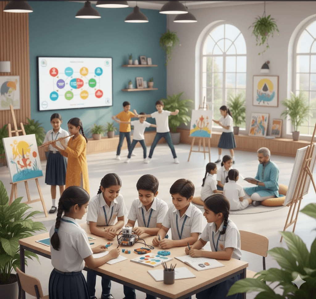 A school building stands against the backdrop of a clear sky