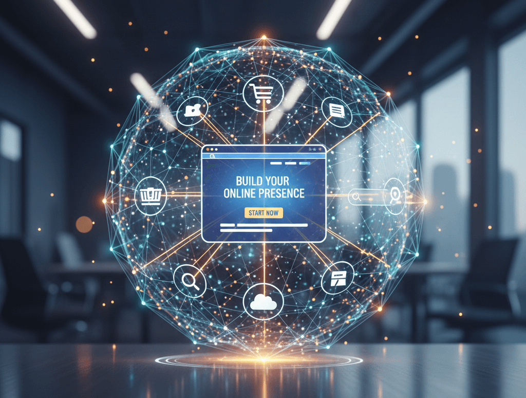 A sci-fi globe with a Build your online presence in the middle