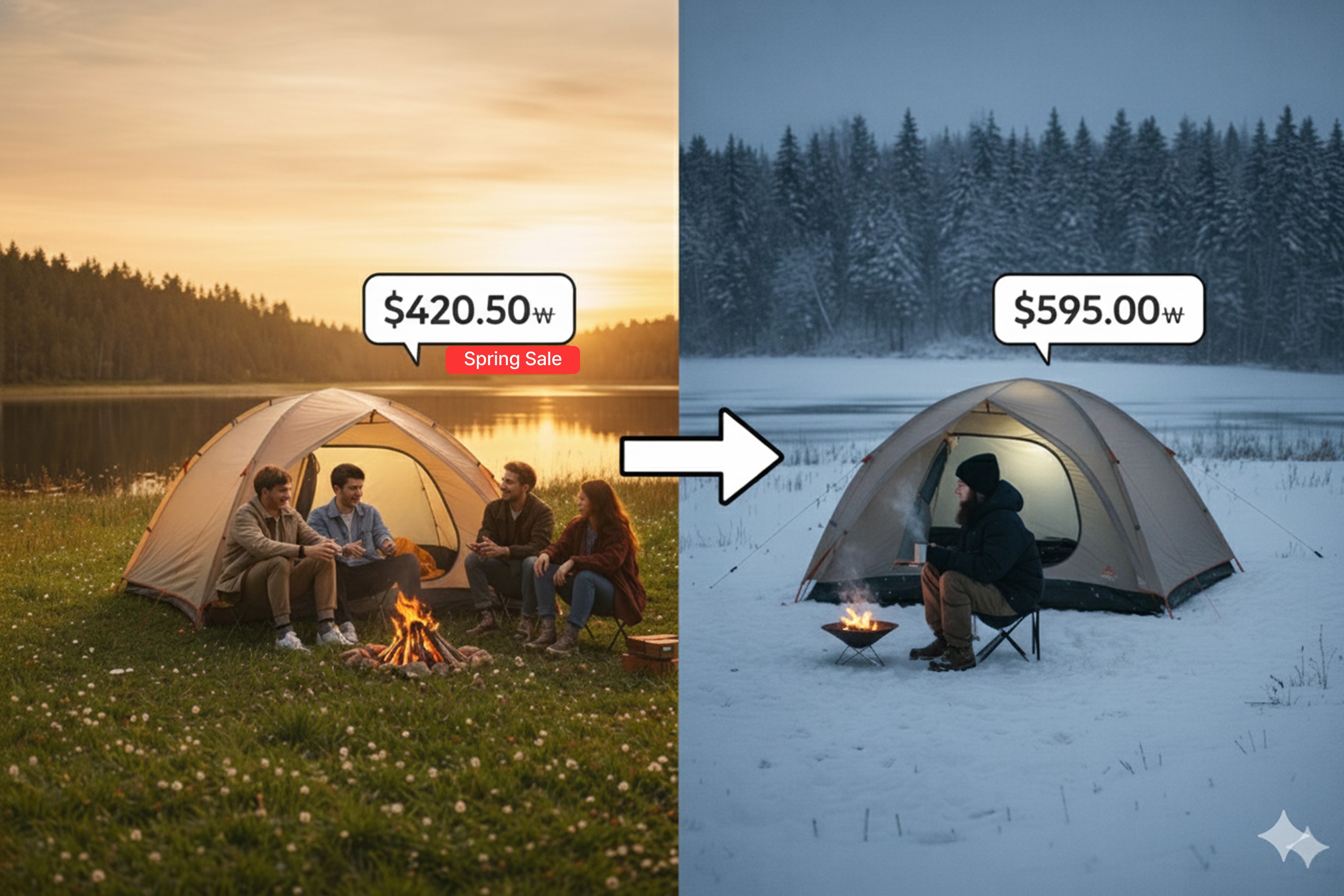 Seasonal tent pricing comparison showing spring sale versus higher winter price