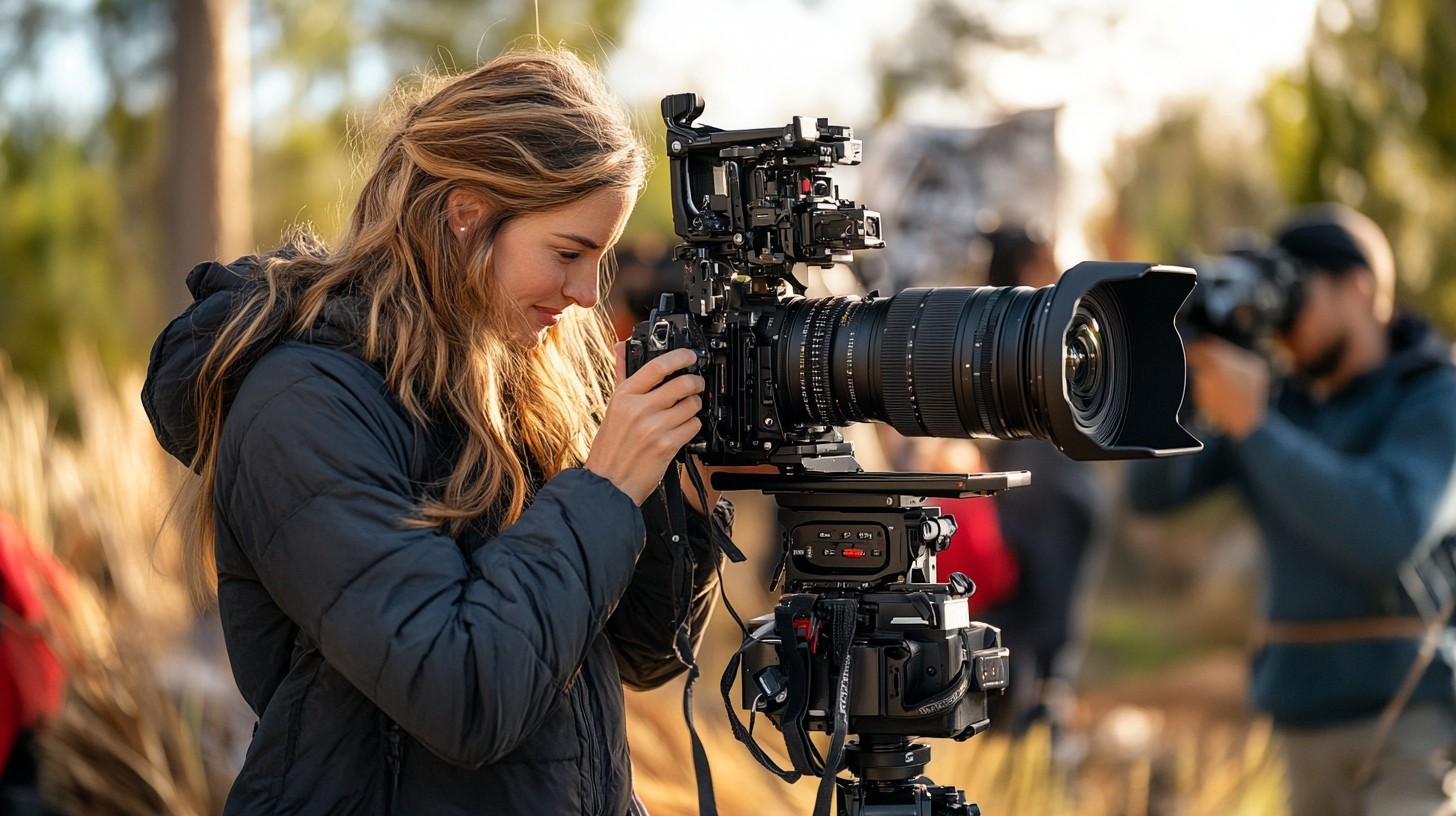 a director gazes thoughtfully at a sprawling film set, contemplating the interplay of light and shadow as crew members meticulously adjust equipment within a tight schedule.