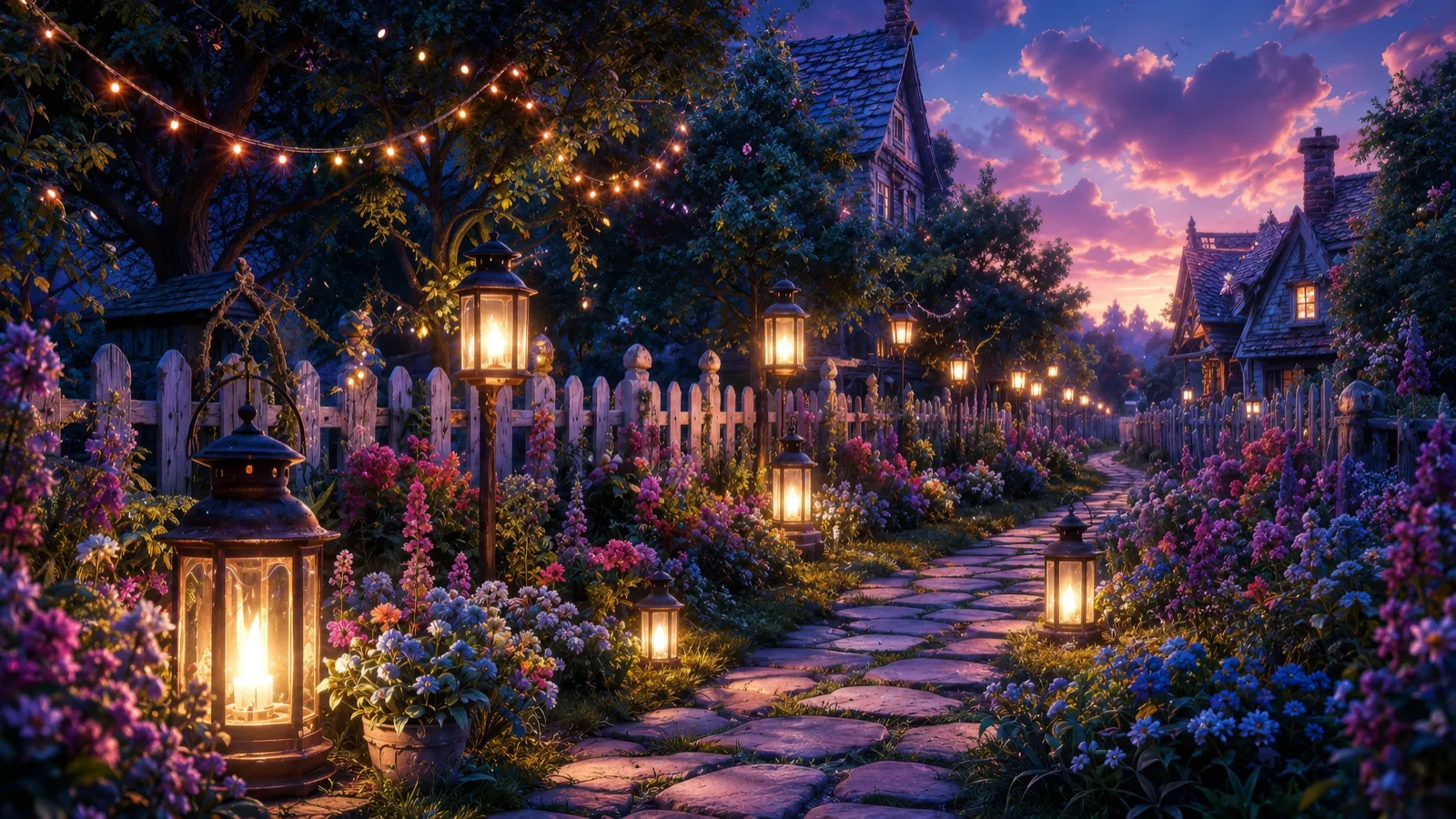 Lantern Lane lit up at night