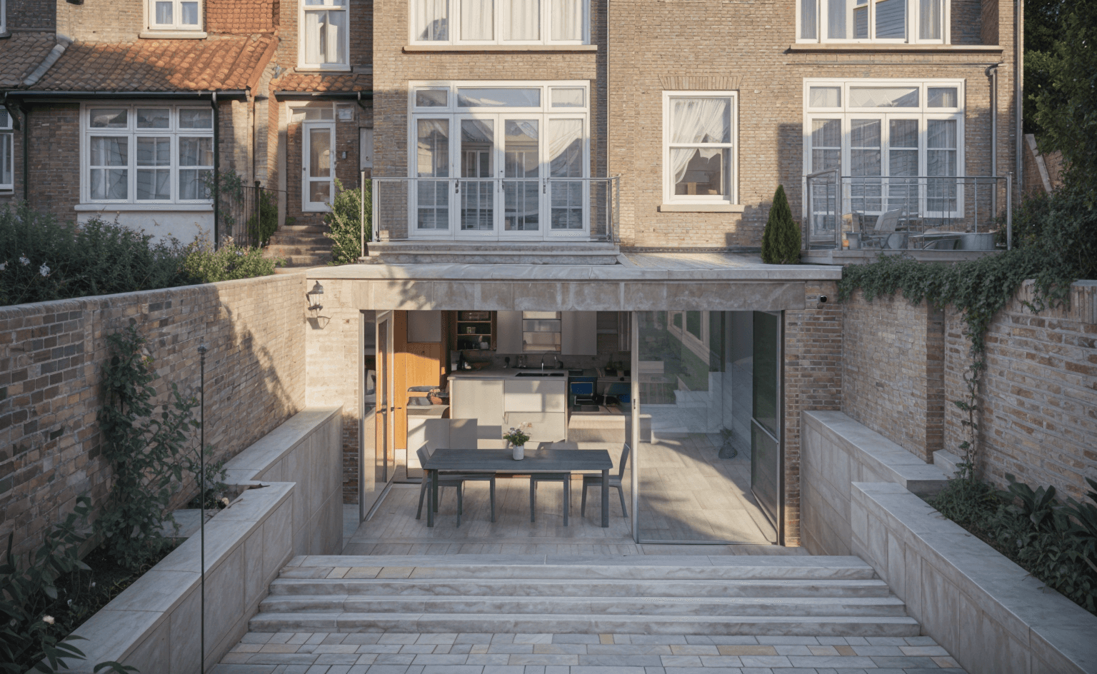 Aldley Road - a modern rear extension to a brick house with full height glass and stepped garden