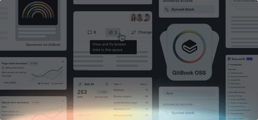 An illustration showing a number of individual features of GitBook in a grid. There's a rainbow glow at the bottom of the image