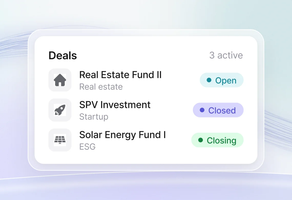 Deals list with an open real estate fund, a closed startup SPV and a solar energy fund that is closing
