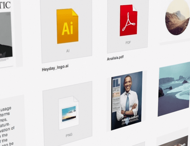 The image shows a collage of nine application icons arranged in a 3x3 grid on a white background. The icons include Adobe Illustrator (AI) with a yellow "Ai" icon, Adobe PDF with a red "PDF" icon, and a PNG image with a white "PNG" icon. Additionally, a Heyday_logo.ai icon is visible in the top-left corner. A news article featuring a man in a suit is also included in the collage.