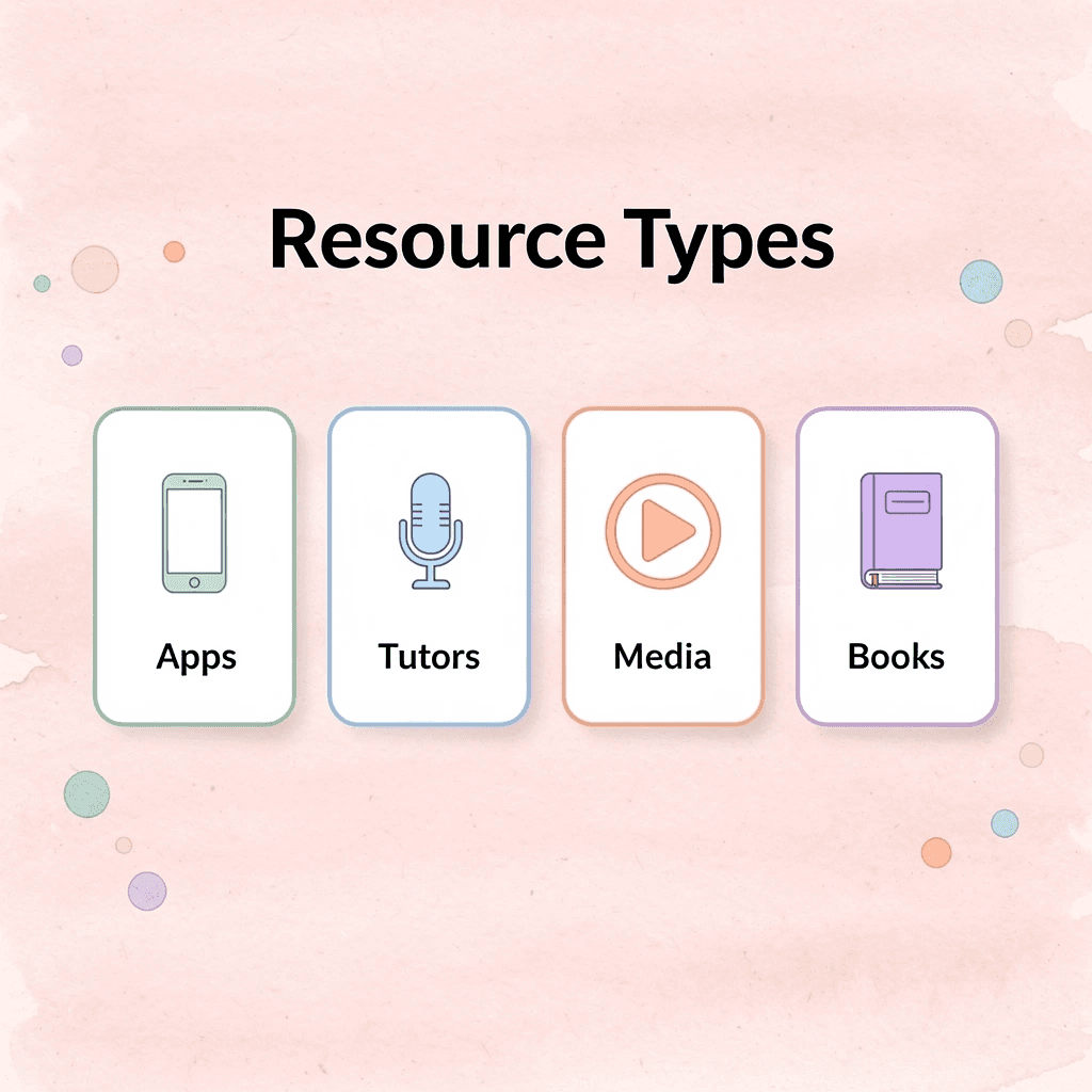 Four resource types for learning Egyptian Arabic: apps, tutors, media, and books