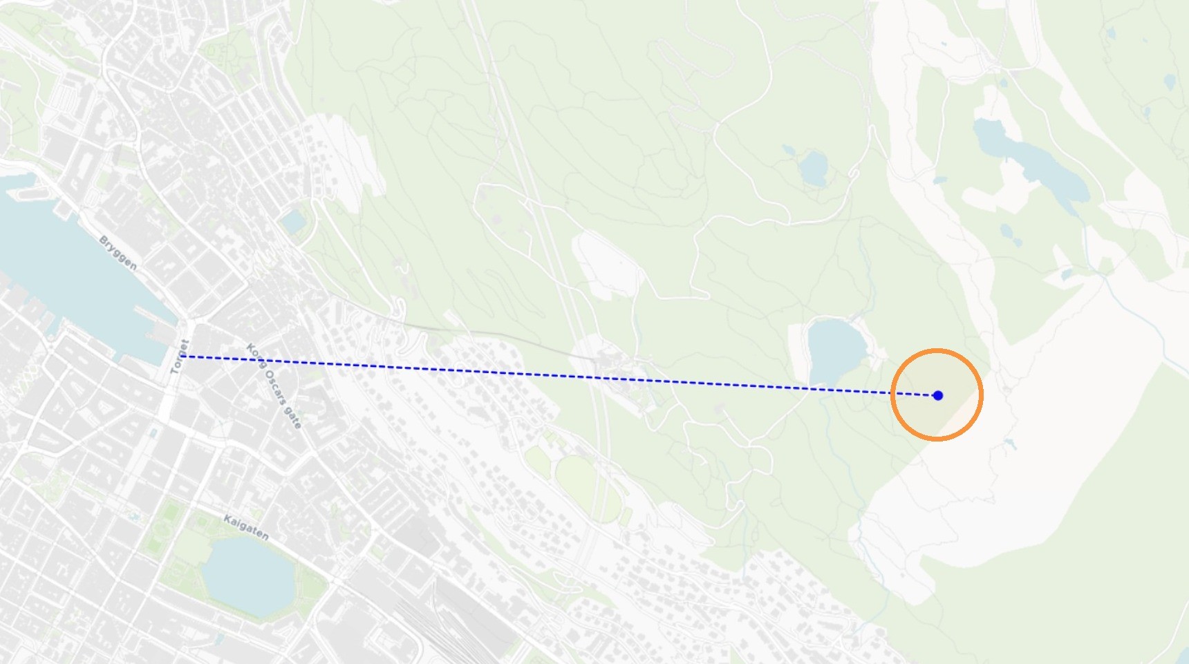 Steg 3: Her tegner vi en linje fra torget i bergen og oppover i fjellet.