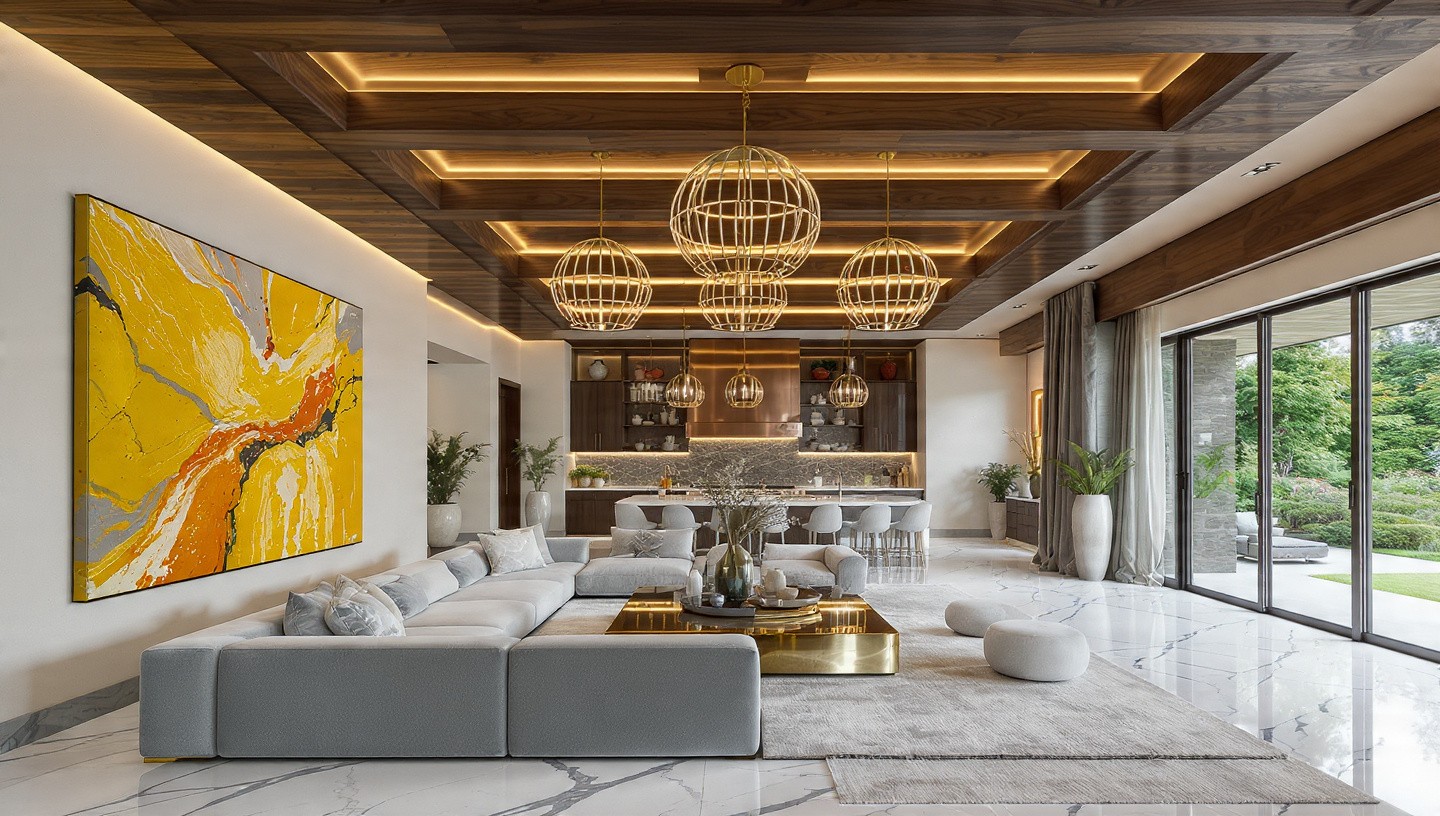 Luxurious open living room with modern decor, featuring a large yellow abstract painting, gray sectional sofa, gold coffee table, and round pendant lights.