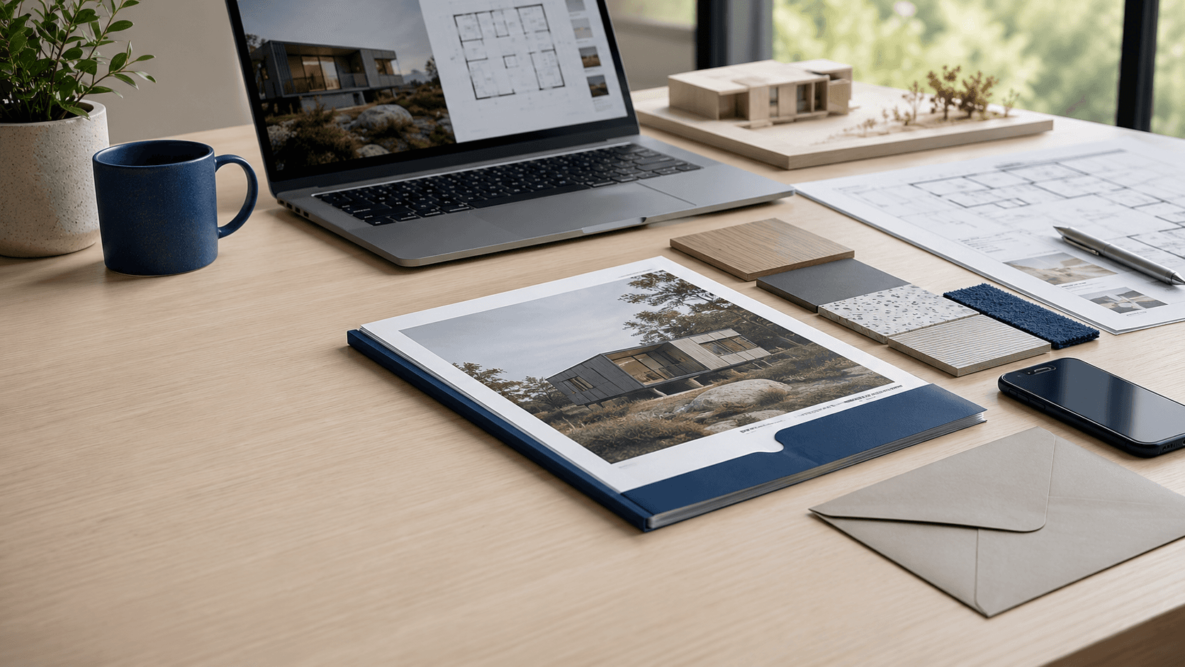 A polished modular home proposal folder, material samples, laptop, architectural plans, and scale model arranged on a clean design desk.