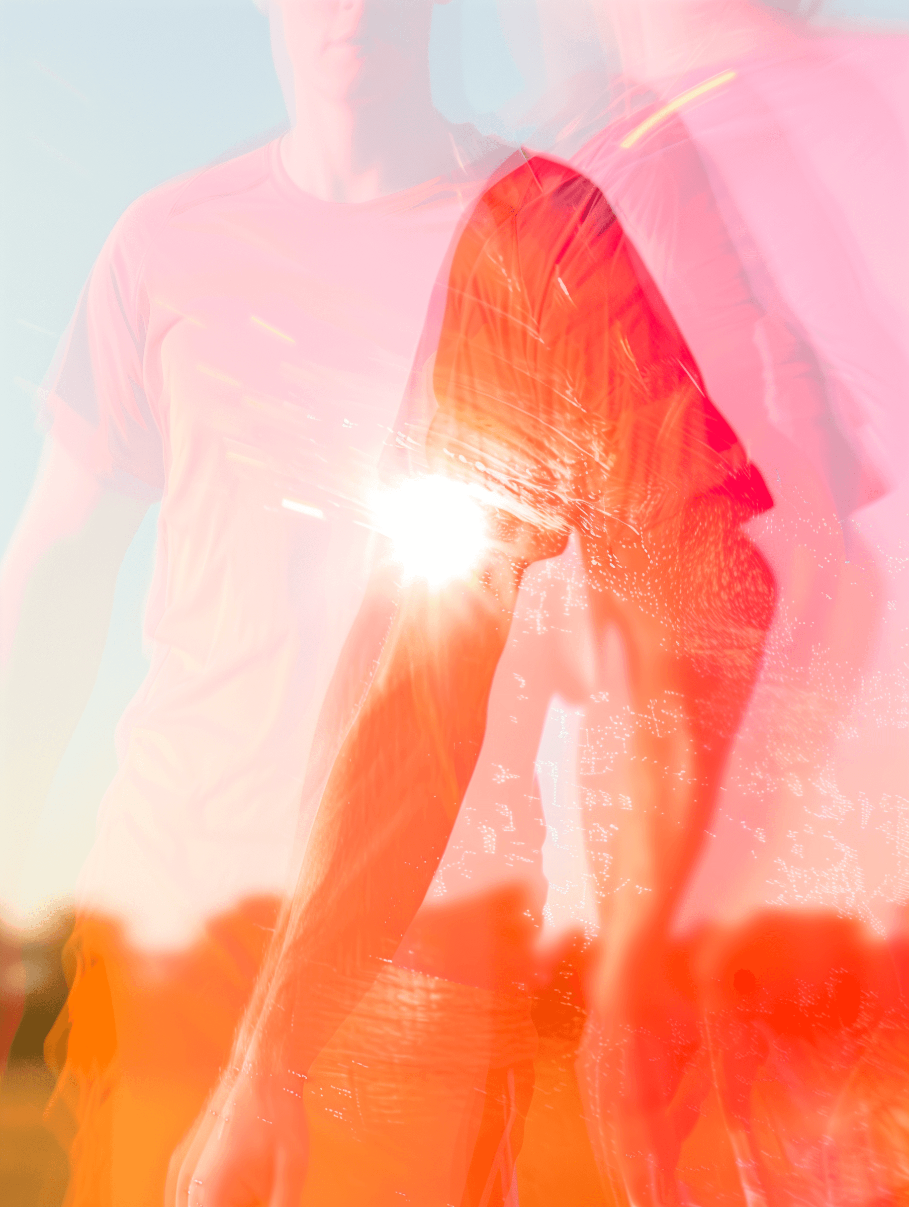 Soft abstract image of a figure in pink and red light, delicate and ethereal.