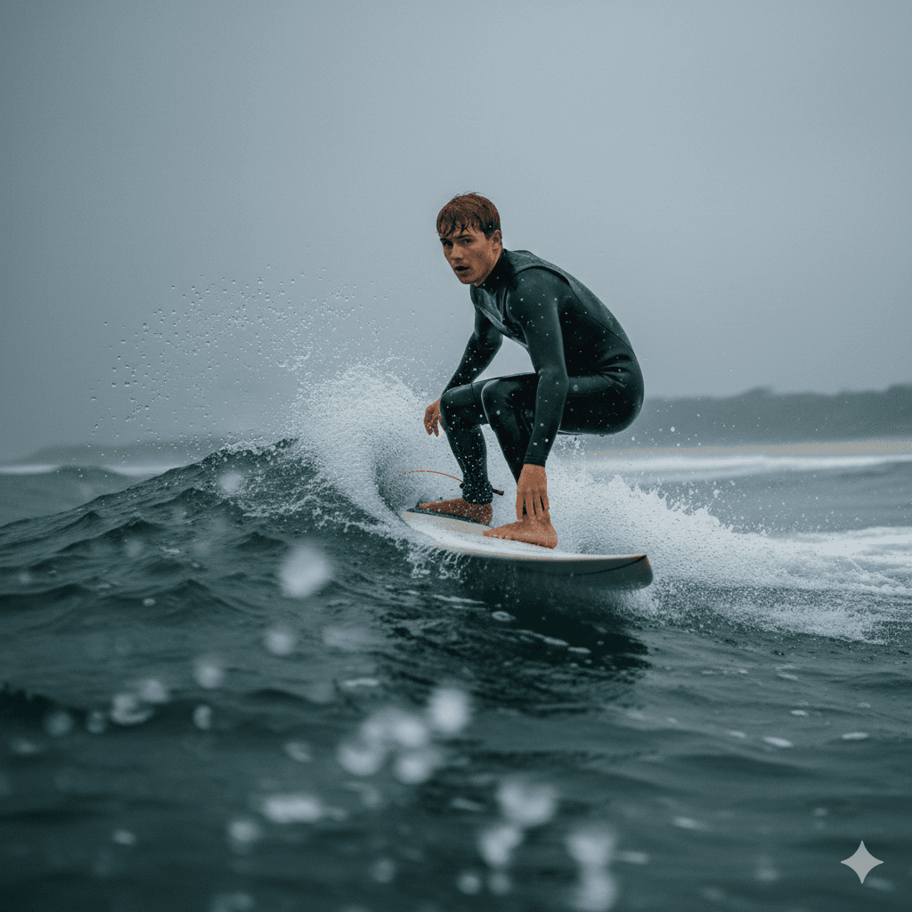 Close cinematic portrait of a surfer in a black wetsuit with a white chest panel, leaning into a powerful turn on a steep wave; thick spray and rain-like droplets fill the air, intense gaze visible through wet hair as he carves the face of the wave.
