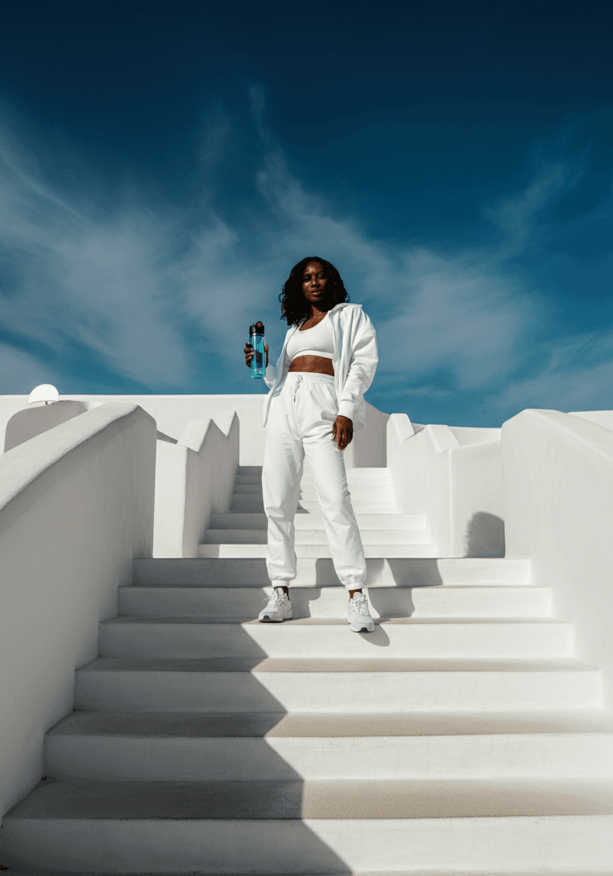 Woman standing on white steps