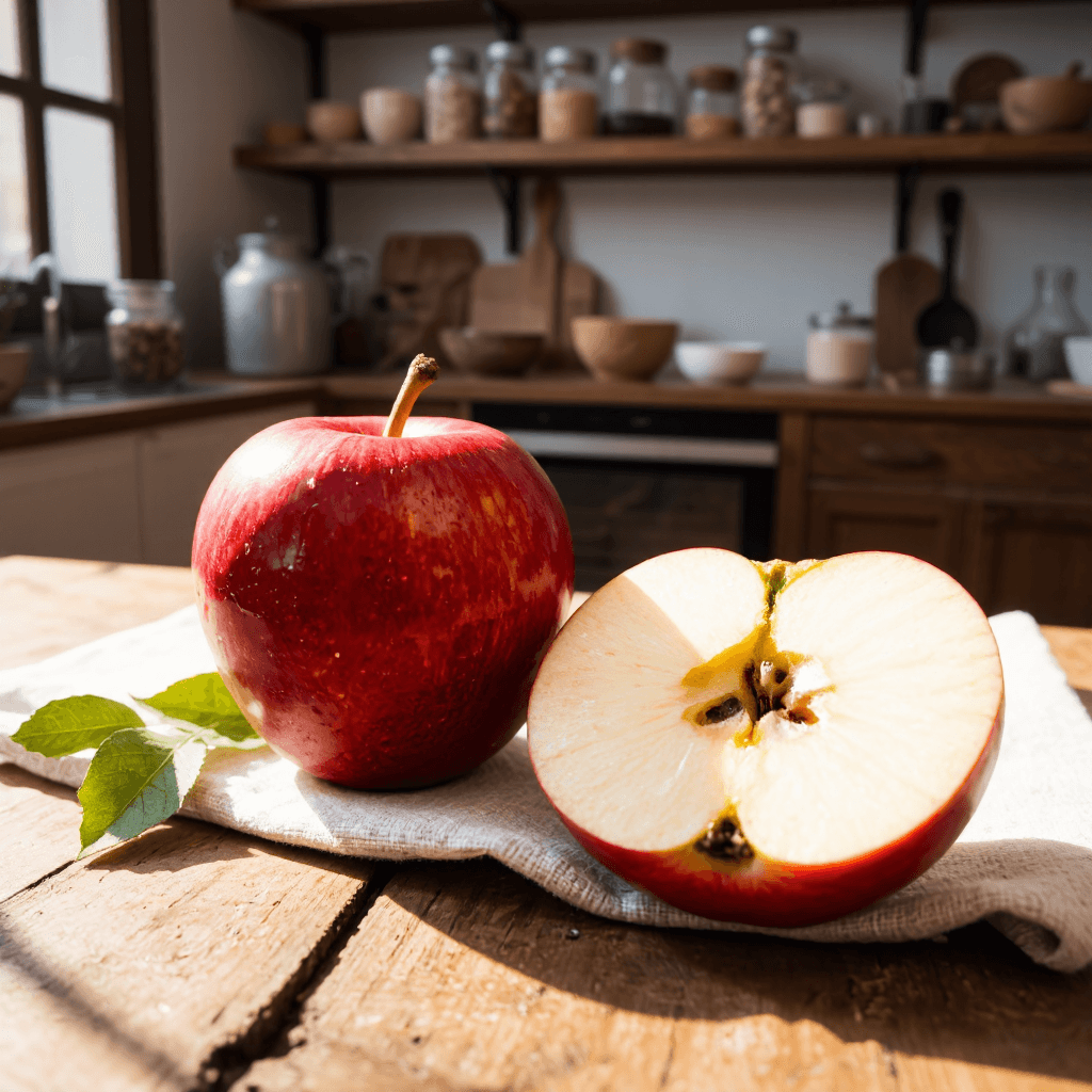 product photography of a whole apple and a half apple, used for eating or cooking