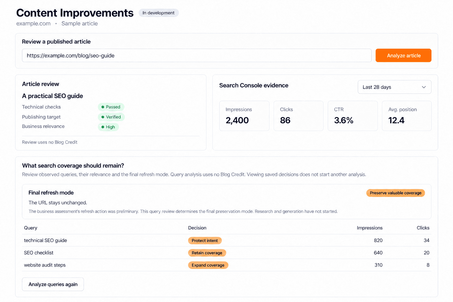 Content Improvements UI development preview with sample article and query-preservation data